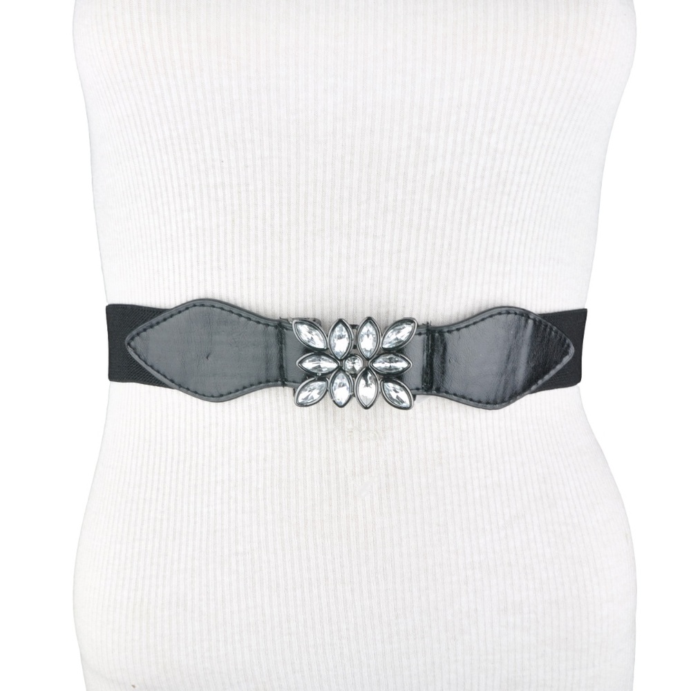BCBG Black Floral Stretch Acrylic Rhinestone Belt